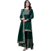 Sanisa Women's Cotton Blend Foil Printed Straight Kurta With Pant And Dupatta Set (54Kbd637N-L_Dark Green & Gold)