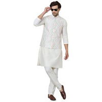 See Designs Men's White Sequin Embroidered Nehru Jacket With Solid Kurta-Pyjama (3 Piece Set) - Sdnj263501L