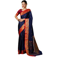 Satrani Women's Banarasi Jacquard Kanjivaram Silk Saree With Unstitched Blouse Piece (3744S116N_Navy Blue & Red)