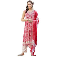 Stylum Women's Printed & Embroidered Cotton Anarkali Kurta Pant Dupatta Set (Kpdpinkhimani_Pink) (In, Alpha, Xs, Regular)