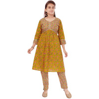 Aarika Girls Yellow-Green Colour Cotton Floral Print Kurti Pant (Kp-K-733-Yellow-34)