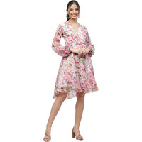 I Enterprise Women's Georgette Pink V Neck Full Sleeve A-Line Dress Dress For Women|One Piece Dress Women Stylish|Western Dress|Dress Women|Printed Dress (Pink-X-Large)., Above The Knee