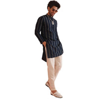 Kisah Men's Kurta Trouser Set, Navy Blue Cotton Blend, Embroidered Regular Fit Mandarin Collar Long Sleeves, 40
