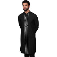 Kisah Men Black Kurta, Cotton, Full Sleaves, Knee Length, Straight, Regular Fit, Mandarin Collar Ethnic Wear