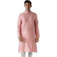 Kisah Men Pink Solid Straight Kurta Full Sleaves, Knee Length, Straight, Regular Fit, Mandarin Collar Ethnic Wear