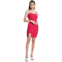 Popwings Women Pink Solid Bodycon Mini Dress With Front Slit & Noodle Straps | Women's Party Dress