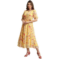 Preneum Women Fit & Flare Latest Style Print Georgette Regular Sleeves Casual Summer Maxi Dress | Festival & Occasion, Yellow, S