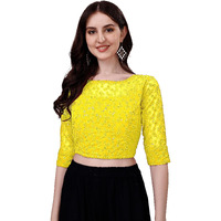 Pujia Mills Women Georgette Half Sleeve Readymade Stylish Design Fancy Stitched Saree Blouse Yellow 38