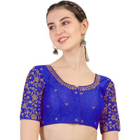 Pujia Mills Women's Phantom Silk Flowerhalf Sleeve Saree Blouse (Flowerr Blouse_Royal Blue_38 Size+Margin)