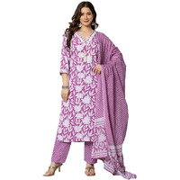 Rytras Women's Pure Cotton Printed Straight Kurta Set With Palazzo Pants & Dupatta- Ethnic Wear, Purple(Ryt587,S)