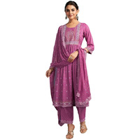 Sanisa Women's Chinnon Pigment & Foil Printed Anarkali Kurta With Pant And Dupatta Set (66Kbd755Nb-S_Dusty Pink)