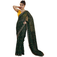 Satrani Women's Georgette Bandhani Printed Stone Work Self Woven Saree With Unstitched Blouse Piece (4020S573N_Dark Green)