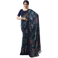 Satrani Women's Georgette Sequence Woven Zari Work Printed Saree With Unstitched Blouse Piece (3499S736N_Dark Blue & Turquoise & Multi)