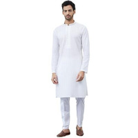 See Designs White Cotton Regular Fit Embellished Kurta Mandarin Collar Long Sleeves_Sdkt1413Xs