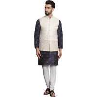 Sojanya (Since 1958 Men's Silk Blend Print Nblue Kurta And Cream Pyjama With Cream Nehru Jacket