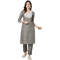 Stylum Women's Printed & Embroidered Cotton Blend Straight Kurta Pant Set (Kpgreychika42_Grey, Xl)