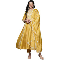 Varanga Women Yellow Floral Thread Embroidered Anarkali Kurta With Bottom & Dupatta  Elegant Ethnic Wear