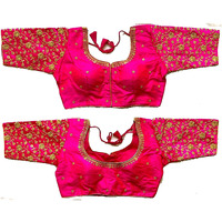 Vihu Fashion Silk Women's Embroidery Handwork & Thread Work Flower Design Half Sleeve Readymade Blouse (Flower Blouse_Pink_38)