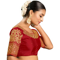 Vihu Fashion Women's Heavy Embroidery Coding With Sequins Work Half Sleeves Fancy Readymade Saree Blouse(Chamak Red_38)