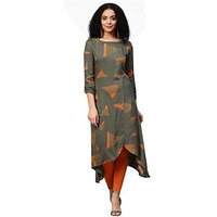 Ishin Women's Rayon Grey Printed A-Line Kurta