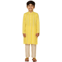 Kisah Kid's Full Sleeves Cotton Blend Knee Length Printed Kurta Pajama Set For Boys, Yellow, 7-8 Years
