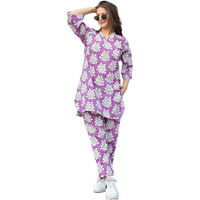 Lookmark Women's Latest Printed Cotton Blend Straight Kurta And Pant Set (Az-Lm-Og1-Ks2156-L) Purple