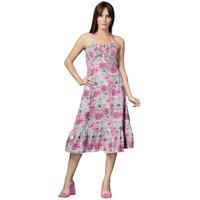 Oomph! Women's Western & Fusion Wear Printed Crepe Dress For Women, Smocked Bodice, Pink - Md1058