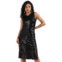 Campus Sutra Women's Black Self-Design Dress With Sequin Detail For Casual Wear | Sleeveless | Polyester Knee Length Dress Crafted With Comfort Fit And High Performance For Everyday Wear (M)