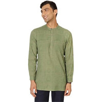 Fabindia Men Cotton Light Green Printed Chinese Collar Slim Fit Kurta