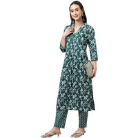 Fiorra Women's Teal Blue Cotton A-Line Kurta With Pant Set0075