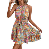 Gufrina Women Western Dress In Floral Print Halter Neck Multicolor - Elegant Sleeveless Summer Dress With Adjustable Waist Tie And Tiered Hemline (Sky Blue S)
