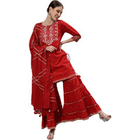 Ishin Women's Cotton Blend Maroon Embroidered A-Line Kurta, Sharara & Dupatta