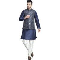 Jompers Men's Navy Printed Nehru Jacket With Kurta Pyjama Set (Navy, Xxl)