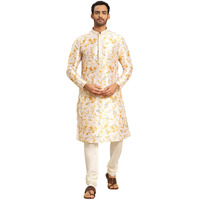 Kisah Cotton Blend White Kurta For Men, Full Sleaves, Knee Length, Straight, Regular Fit, Mandarin Collar, Geometric Embroidered Mirror Work Ethnic Casual|X-Large