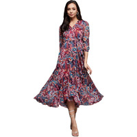 Miss Chase Women's V-Neck Three-Quarter Sleeve Geometric Patterned Wrap Midi Chiffon Dress (Mcss23D98-56-224-06, Multicoloured, Xl)