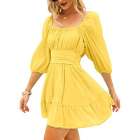Patlani Western Dresses For Women | Solid Georgette Smock Off Shoulder- Dress | Midi Western Dress For Women.(Off-Yellow-Xl)