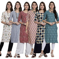 Pinkmint Women's Crepe Kurti Round Neck Straight Kurti For Women Comfortable Kurti For Women's (Pack Of 6)