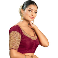 Pujia Mills Women's Readymade Blouse Embroidery Multi Coding Dull Golden Sequence Work Indian Ethnic Designer Stitched Readymade Saree Half Sleeve Maroon Blouse For Women For Saree Lehenga Choli