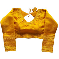 Pujia Mills Milan Silk Full Sleeve V Neck Multi Embroidery Trendy Saree Blouse(Rukmini Yellow 42)