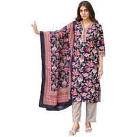 Sanisa Women's Rayon Blend Floral Printed Straight Kurta With Pant And Dupatta Set| Ethnic Set | Suit Set | Kurta Set(169Kbd1815N-M_Navy Blue & Multi)