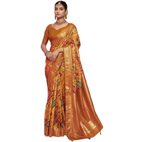 Satrani Women's Silk Foil Print & Tassels Saree With Unstitched Blouse Piece (3444S135N_Mustard & Multi3)