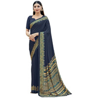 Satrani Women's Silk Crepe Printed Saree With Unstitched Blouse Piece (3441S3027N_Navy Blue)