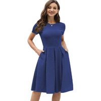 Shasmi Girl's & Women's Solid Navy Blue Color Solid Slant Pocket Fold Pleated, Women Cocktail Party Vintage Style With Pockets Big Swing Simple Retro Dress (Dress 166 N Blue-Xl)