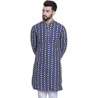 Sojanya (Since 1958 Men's Silk Blend Navy Blue Embroidered Only Long Kurta