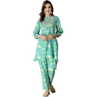 Stylum Women's Printed & Embroidered Cotton Short A-Line Kurti Co-Ord Set (Cscasio38_Turquoise, M)