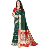 Sugathari Women's Banarasi Saree Pure Paithani Kanjivaram Silk Soft New Ladies 2024 Design Wear Sarees Latest Cotton Party Sari Collections With Blouse Piece For Wedding Sadi (Pari-201 Dark Green)