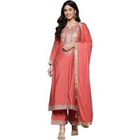 Varanga Women Rust Zari Embroidered Kurta With Bottom And Dupatta