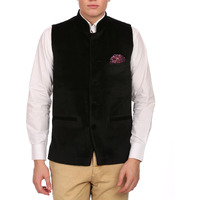 Wintage Men's Velvet Grandad Collar Festive Black Nehru Jacket Vest Waistcoat