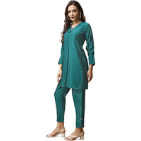 Womanista Blend Women's Teal Colour Chanderi Silk Fabric Tunic With Trouser Coord Set Ankle Length (Co-Ords_9026 Xl)