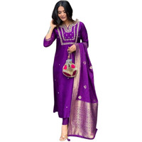 Shiv Textiles Women's Purple Viscose Chandderi Ethnic Wear Kurta With Pant & Duppata (Jd-Akshara-Purple-L)